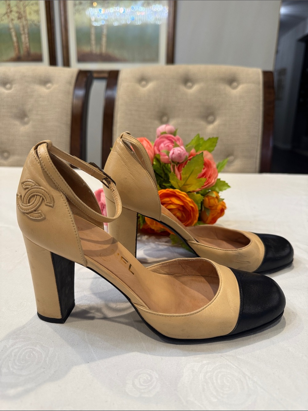 CHANEL Beige and Black Cap-Toe Ankle-Strap Block Heels